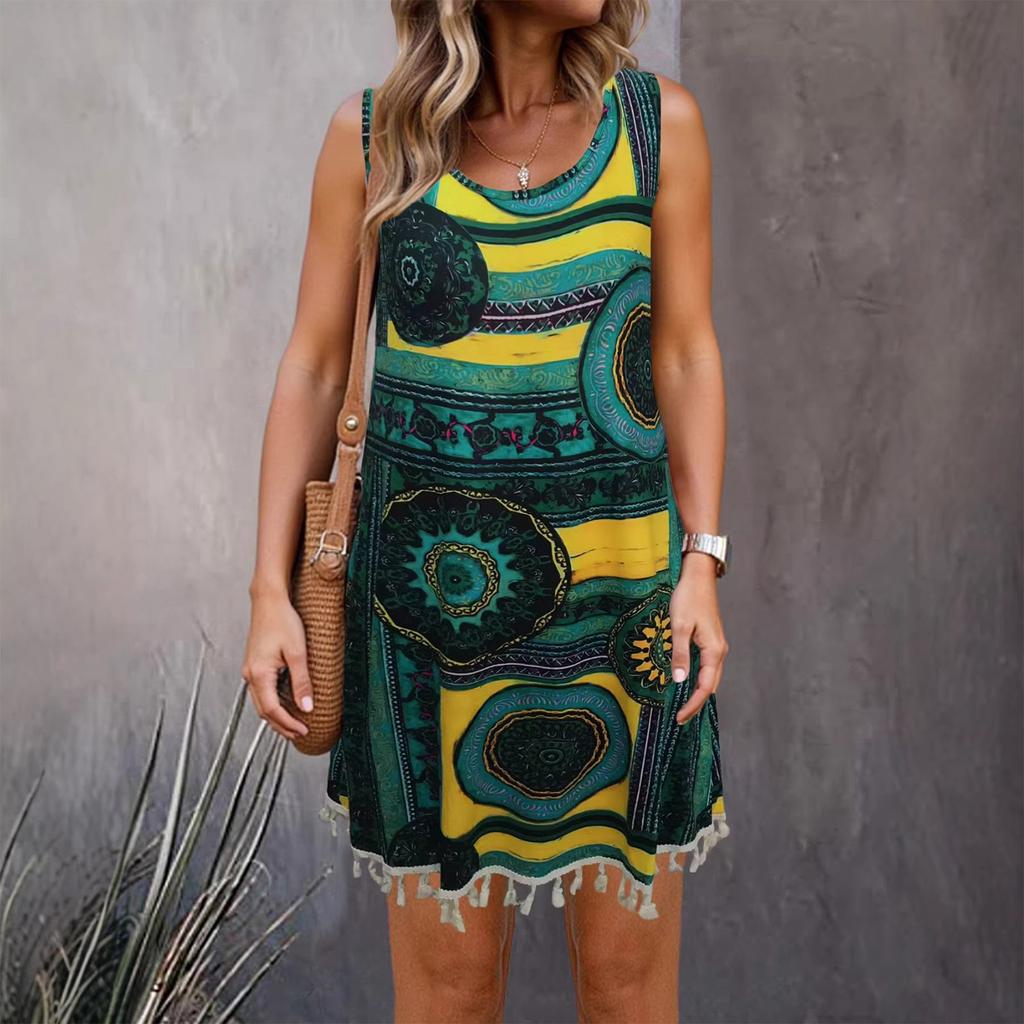 Damen Casual Ärmelloses Bedrucktes Kleid Mit Quasten