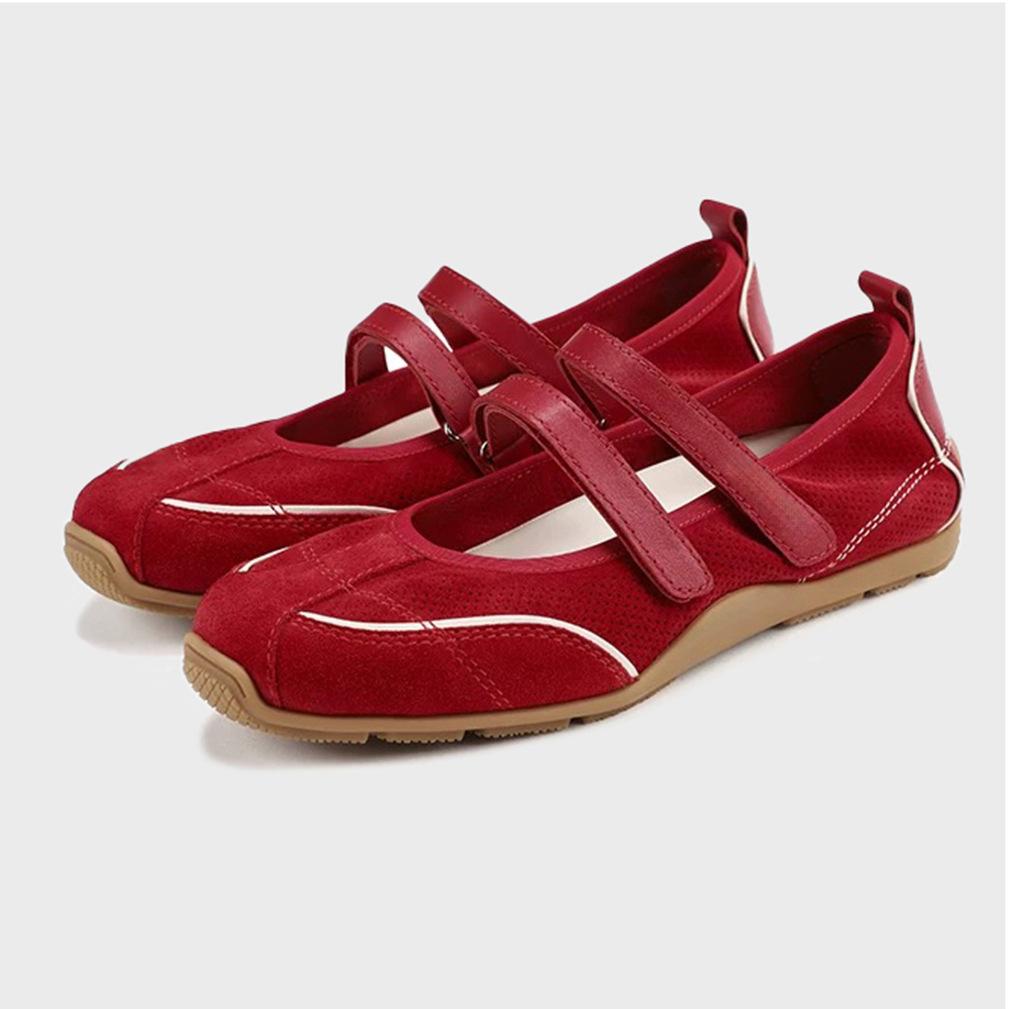 Velcro Women's Casual Beanie Shoes Red Soft Sole Not Tired Feet Retro Mary Jane Shoes Ballet Training Single Shoes Summer