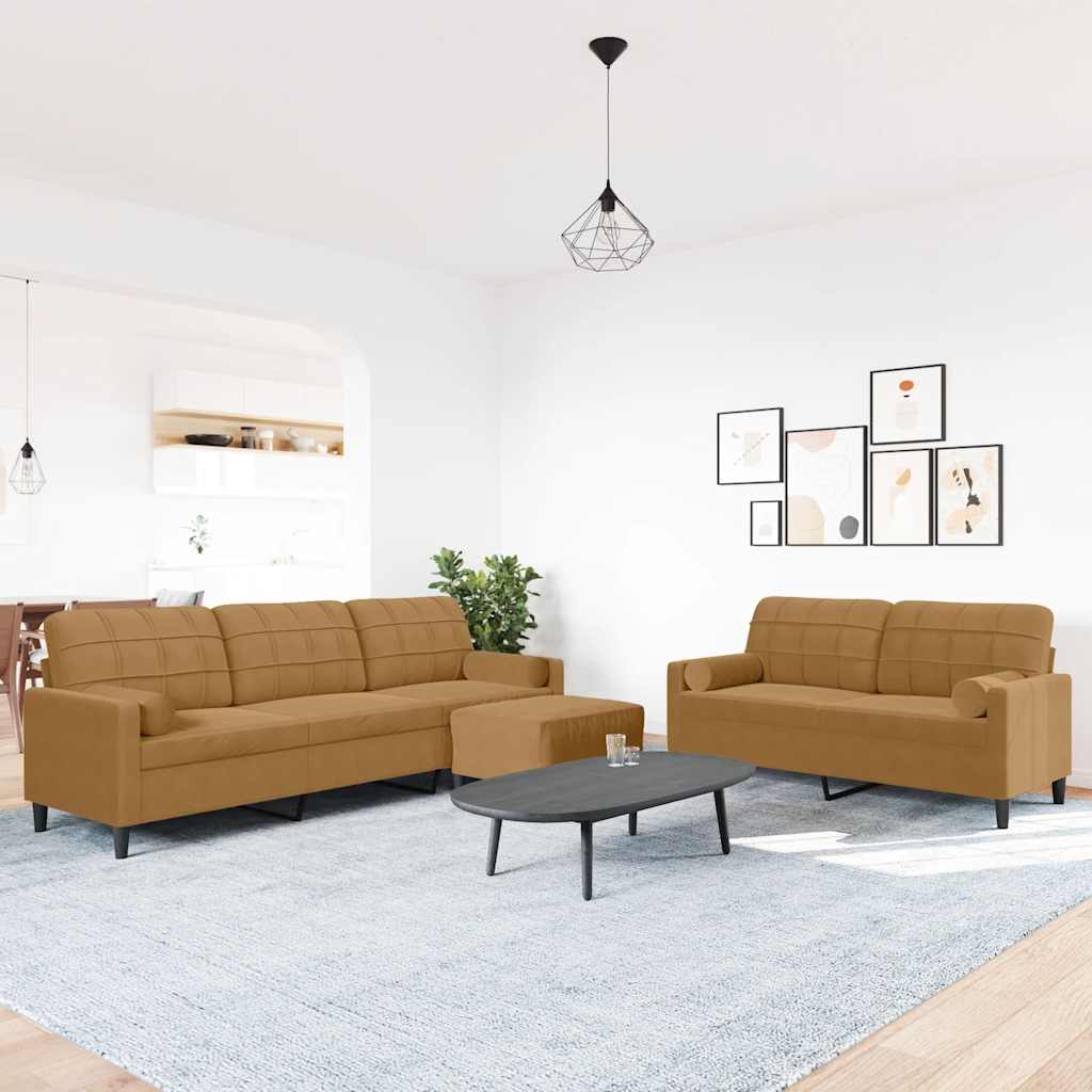 3 Piece Sofa Set with Cushions and Neck Rolls Brown Velvet