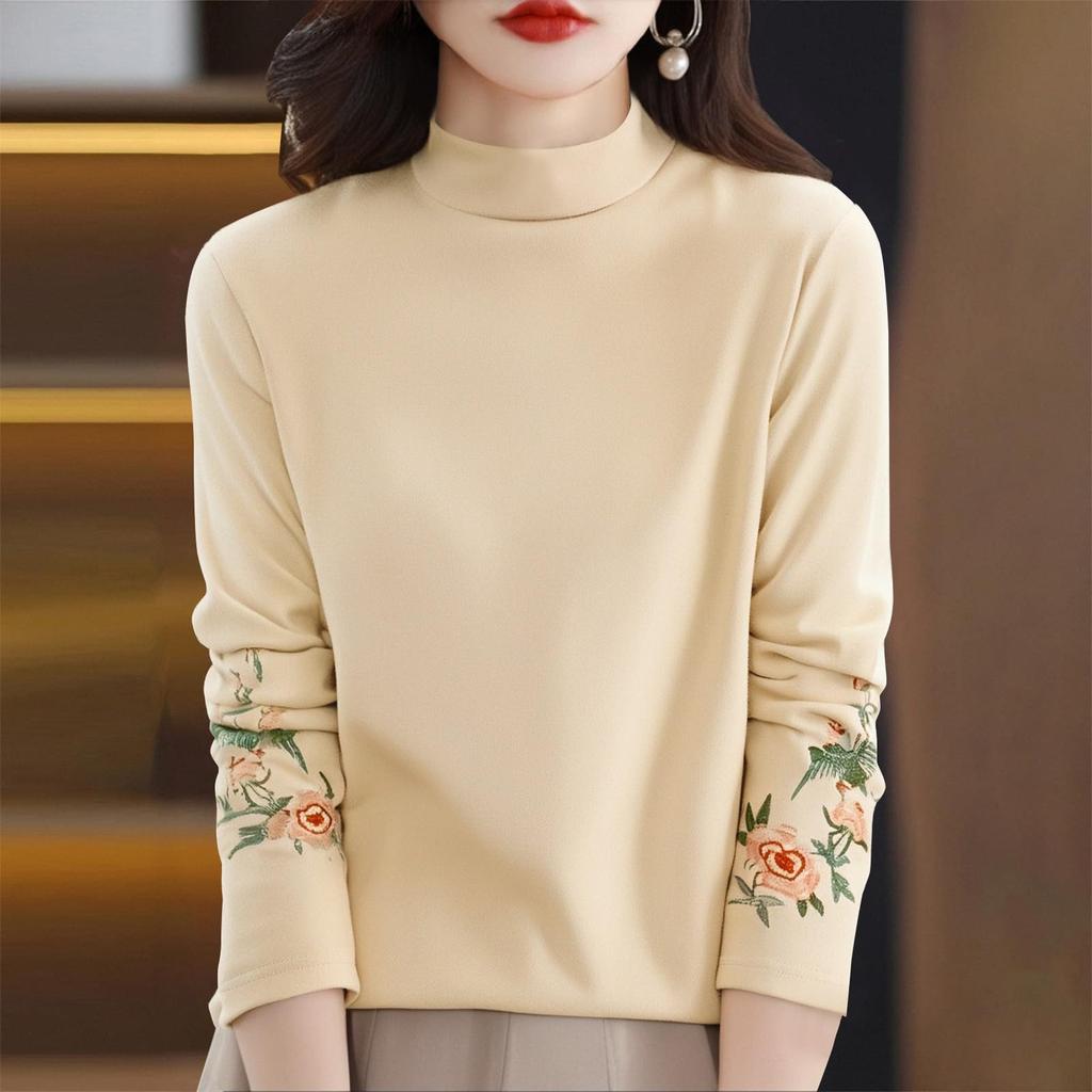 Women's Fashion Retro Velvet Literary Embroidery High Neck Long Sleeve T-Shirt Top