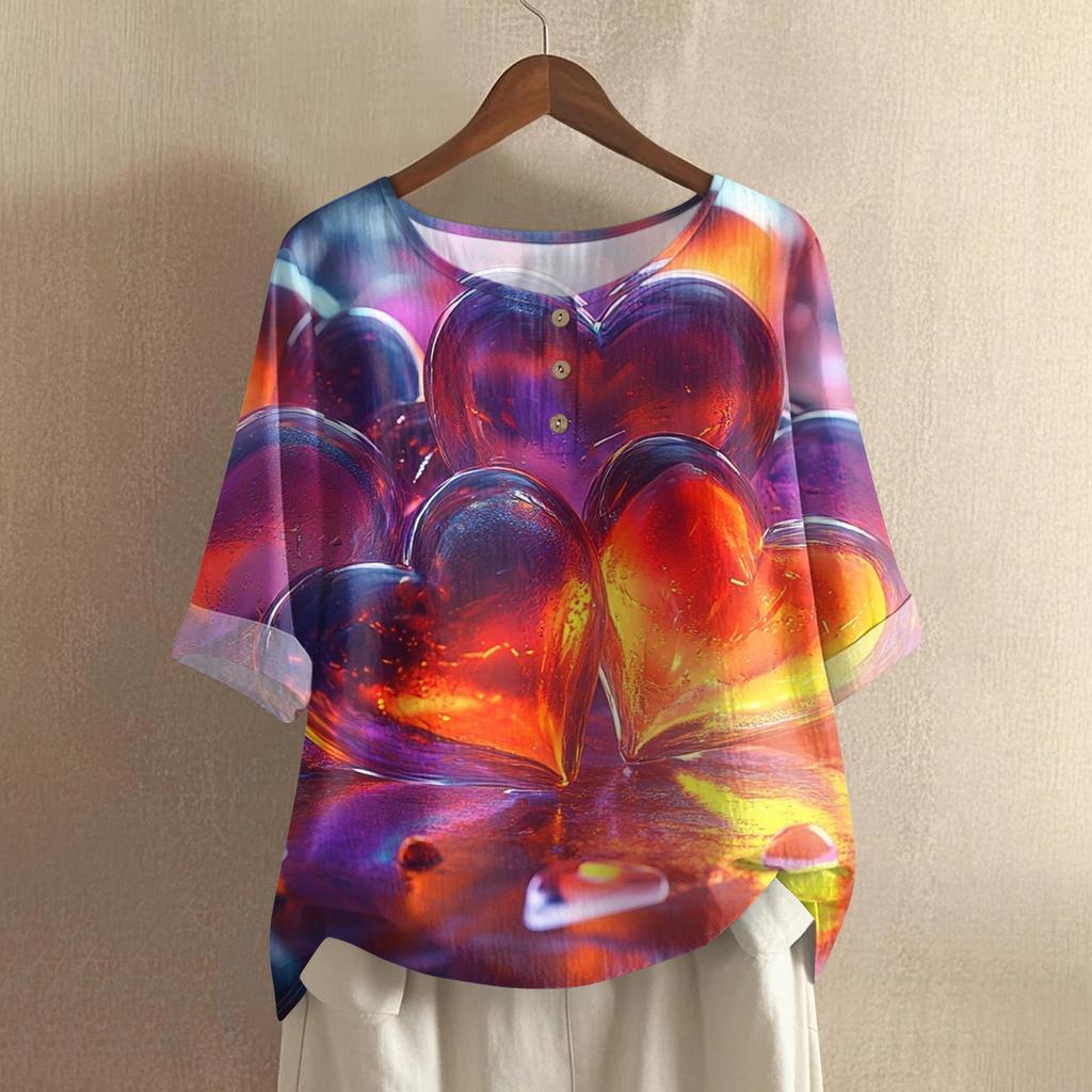 Damska koszulka z nadrukiem na Walentynki, casualowa, z krótkim rękawem, okrągłym dekoltem, z bawełny i lnu