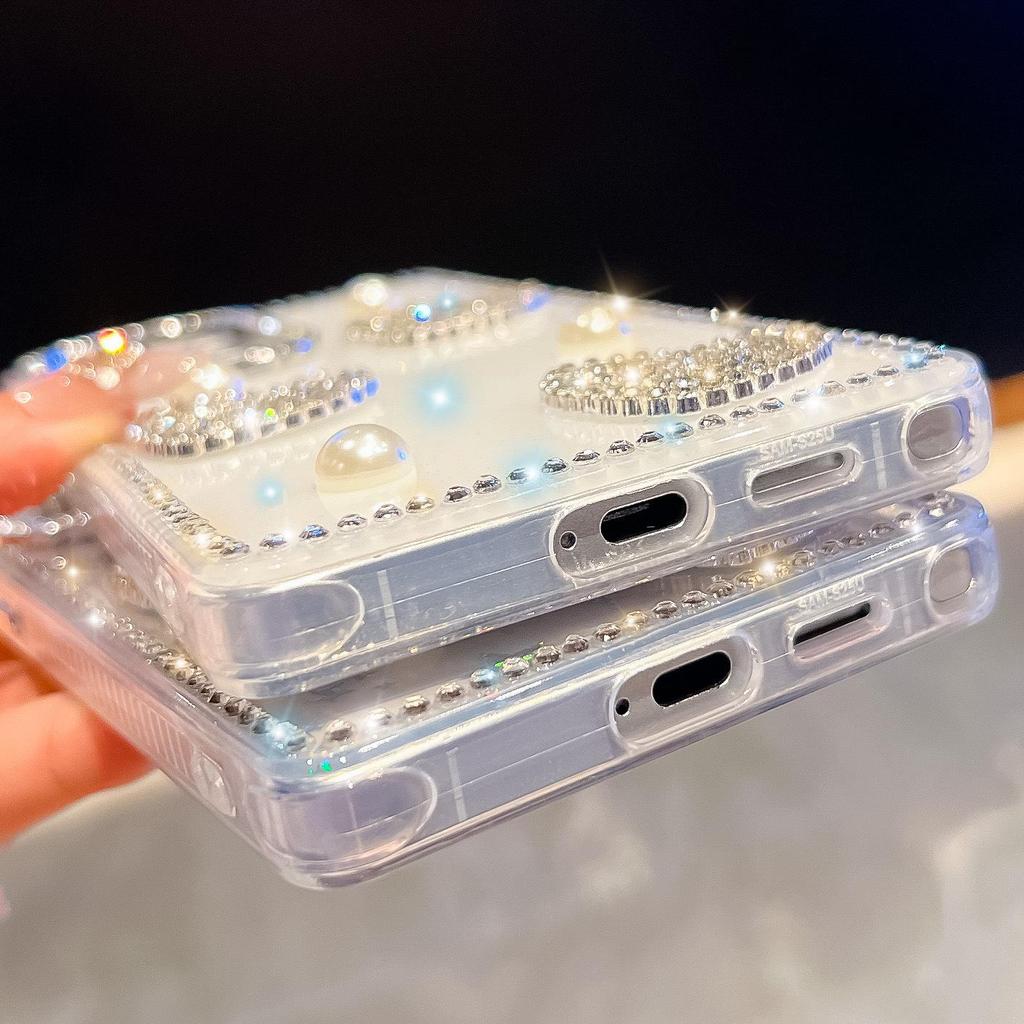 Samsung S265 Ultra Pouzdro na telefon Srdíčko s kamínky a třpytivou perlou, Plné krytí pro Galaxy S25 FE A57, Luxusní design.