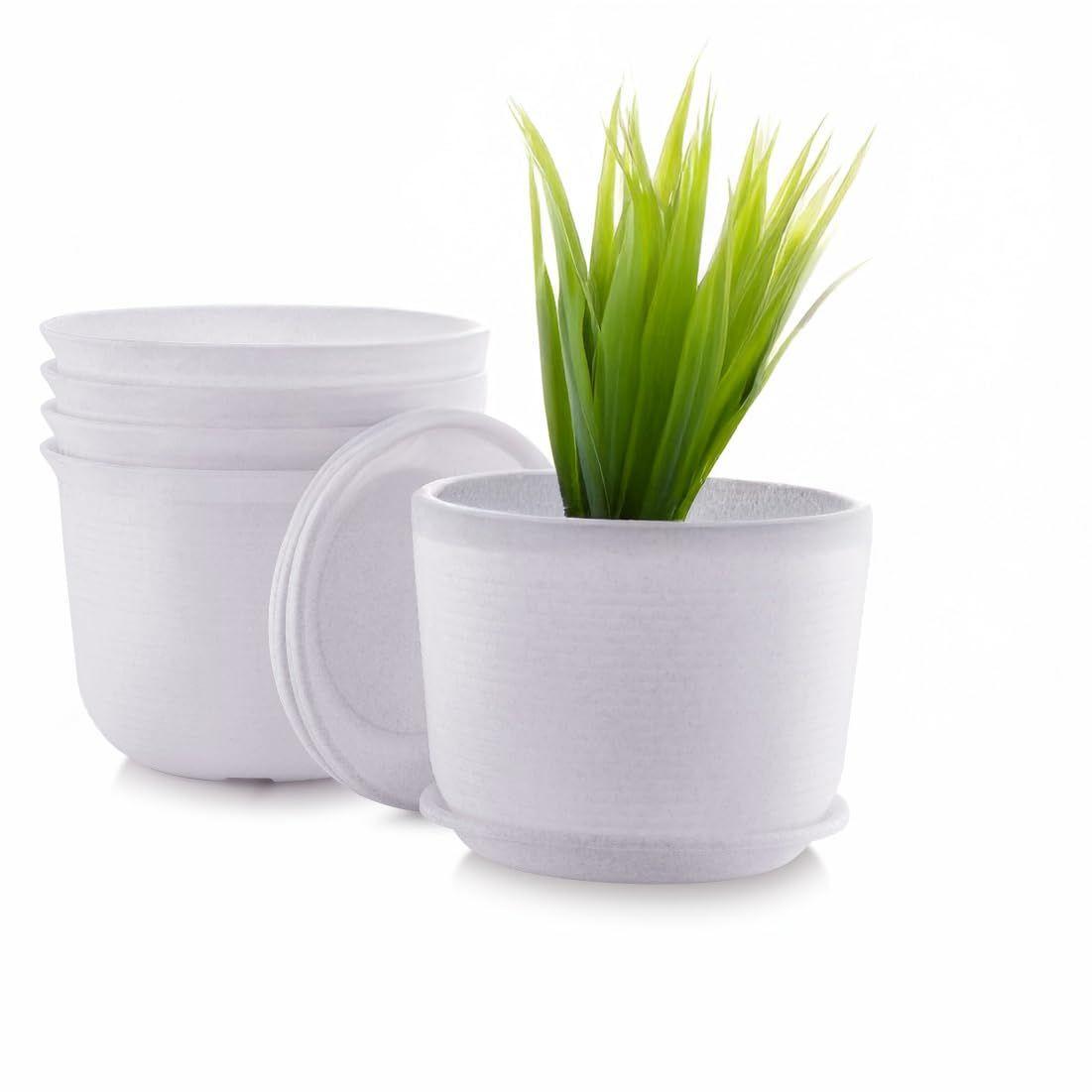 

10 Inch Plastic Round Flower Pots with Tray for Home, Terrace, Garden Etc | Pack of 05 | White Marble Color | for Home Indoor & Outdoor