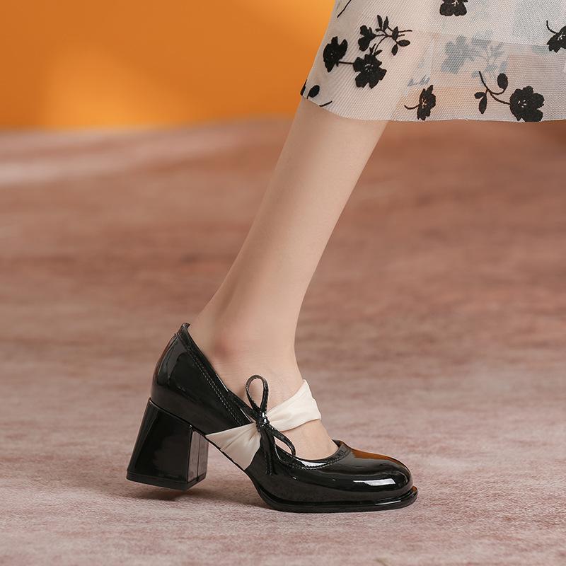 Mary Jane Shoes Women's Spring Temperament High Heels Women's Round Head Thick Heel Single Shoes Women's Height and Thinness