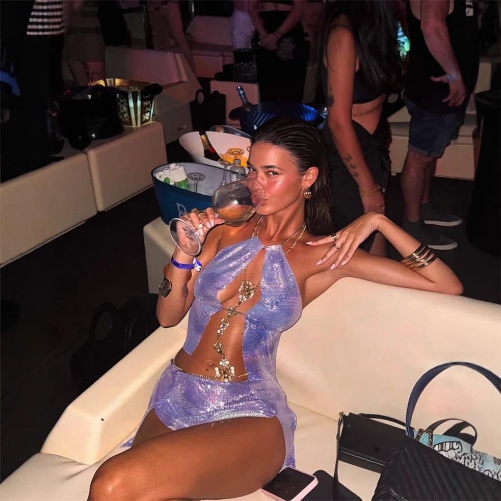 

Hot Girl Party Sequin Metal Print Backless Mini Dress M