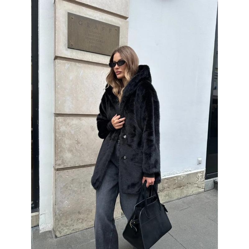 Women Mid Length Hooded Belted Faux Mink Fur Winter Overcoat