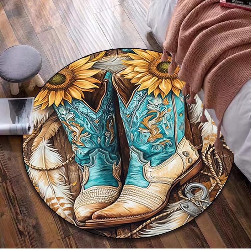 Cowgirl Boots Hat Circular Rug Office Decorative Carpet For Living Room Bedroom Door Mat Floor Carpet Computer Chair Area Rug