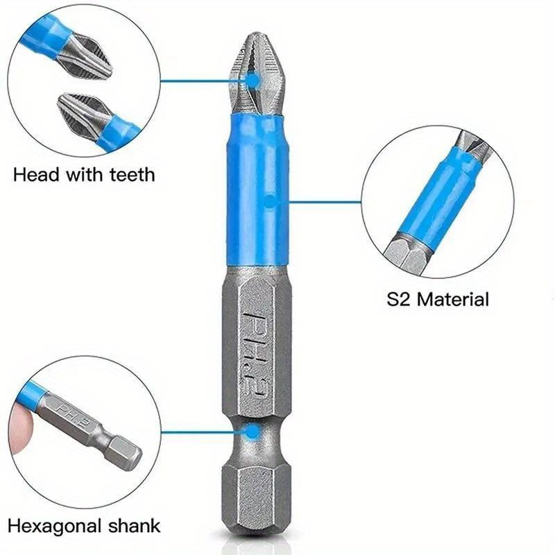 Magnetic Cross Head Drill Bits,Anti-Slip PH1 PZ1 PH2 PZ2 PH3 PZ3 50mm Length with Teeth,1/4" Hex Shank Single Head for Electric Screwdriver Drill