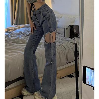 Aesthetic Ripped Hole Spring Flare Womens High Waist Women's Wide Leg Jeans Baggy Woman Denim Pants Jean Mom Jeans Trousers