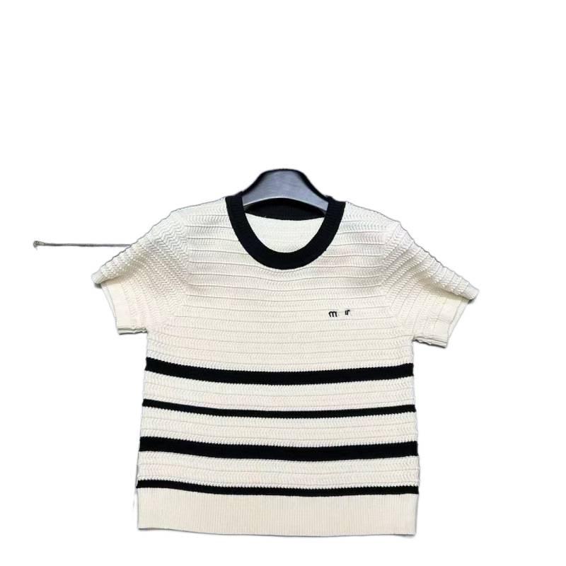 Miu Style 2026 Spring Round Neck Embroidered Stripe Knit Top - Short Sleeve, Youthful & Versatile.