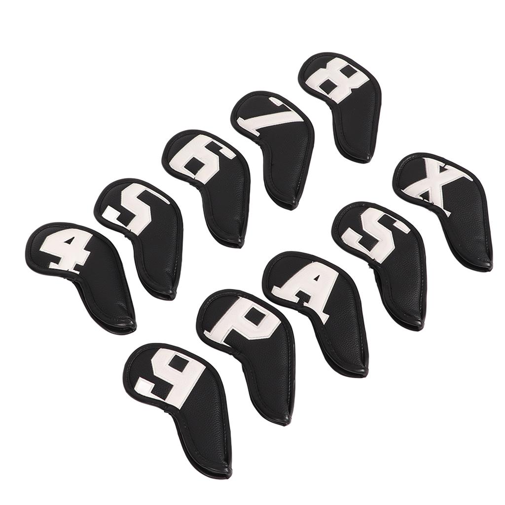 10pcs Set PU Waterproof Golf Club Iron Cover Fine Sewing Process Golf Club Head Protect Case(White Character Black