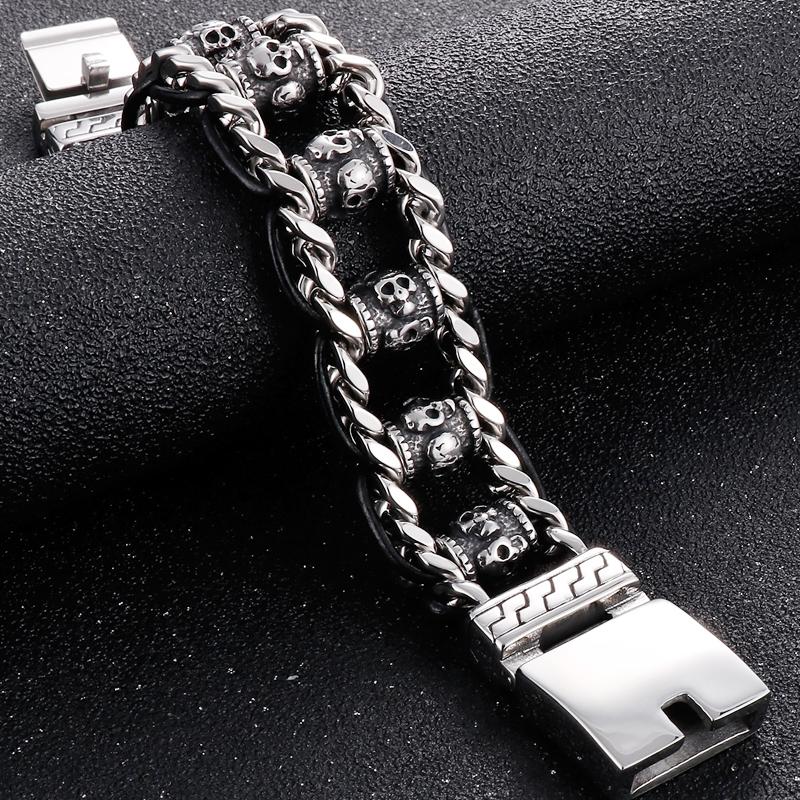 Bransoletka z gotyckiej czaszki dla mężczyzn ze stali nierdzewnej 316L, męskie bransoletki z ogniwami, punkrockowa skórzana bransoletka na rękę