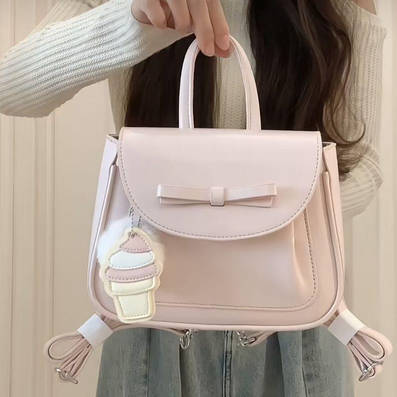 Schoolbag Women's Pink Japanese Sweet Cute Bow Backpack Minimalist Leather Waterproof Rucksack Fashion Trendy Spacious Mochila 2025