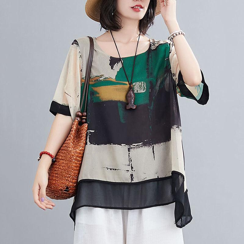 Summer New Oversize Chiffon Shirt Women Round Neck Short Sleeve Vintage Printing Pullovers Female Loose Casual Lace Tops