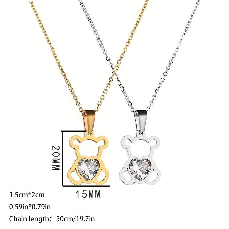 1 Cute and Simple Hollowed Out Zircon Bear Necklace, Stainless Steel Pendant - Valentine's Day Gift for Men and Women