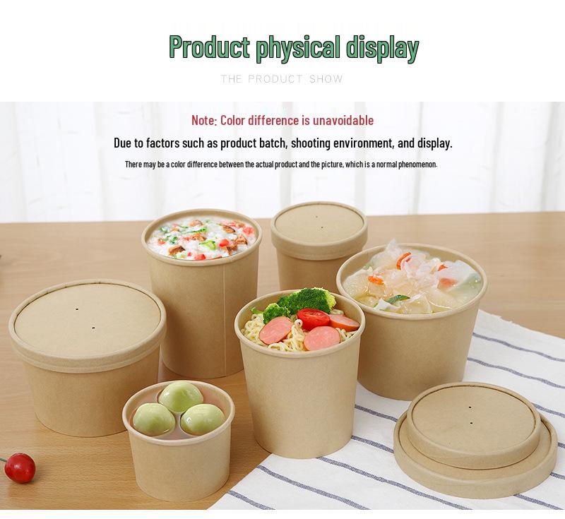 Disposable Kraft Paper Soup Bowl with Lid - Thickened Round Takeaway Meal Box for Porridge and Lunch