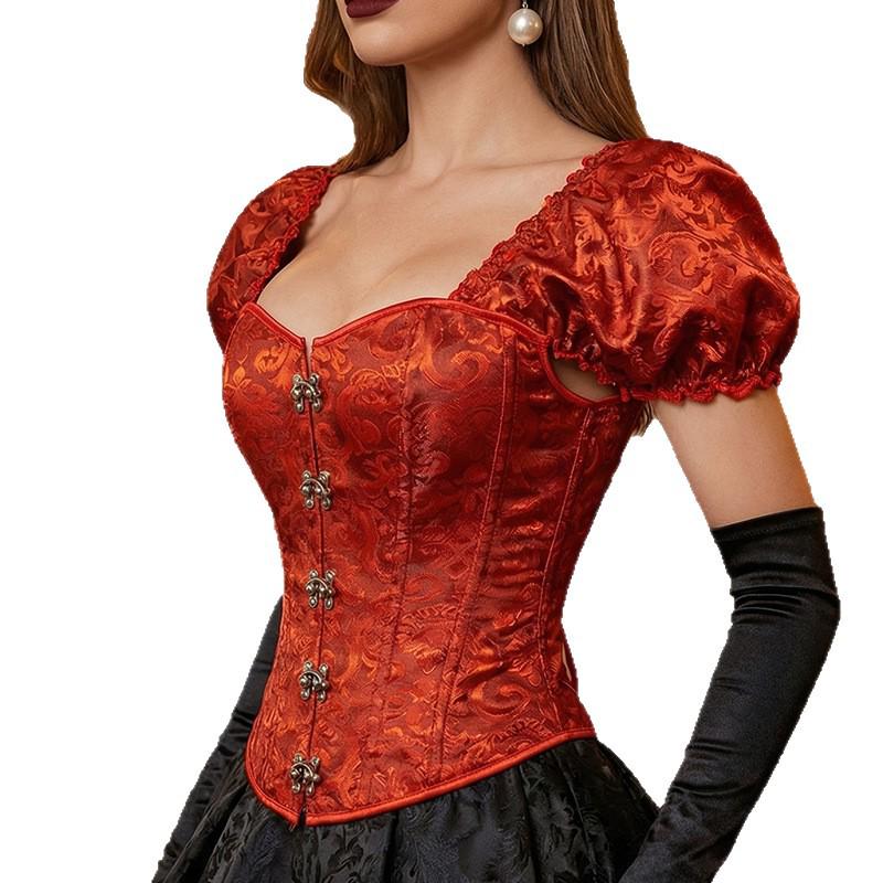 Retro Red Brocade Puff Sleeve Fishbone Bodice Corset with Square Neck Jacquard