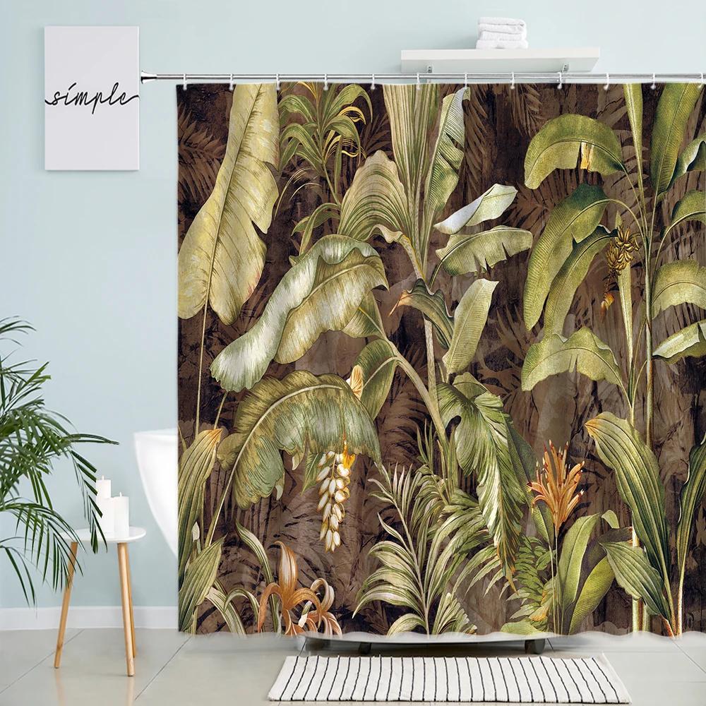 Tropisk Grön Växt Palmblad Badrum Duschdraperier Sommar Djungel Tyg Vattentätt Krokar Hängande Draperi Badskärm Dekor