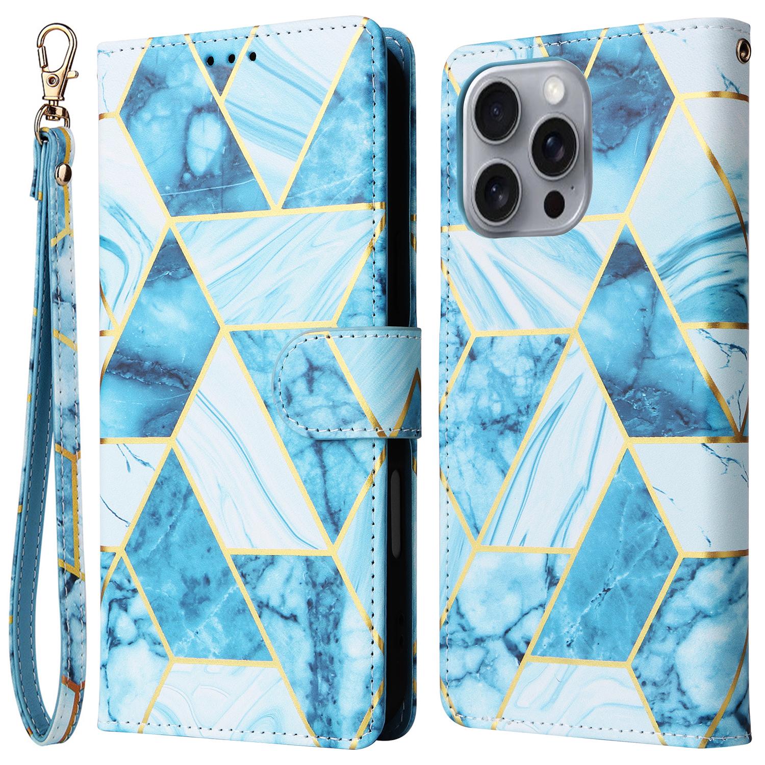 

Чехол для iPhone 16 Pro Max с лакированным мраморным узором, отделениями для карт, кожаным чехлом-кошельком для телефона Blue