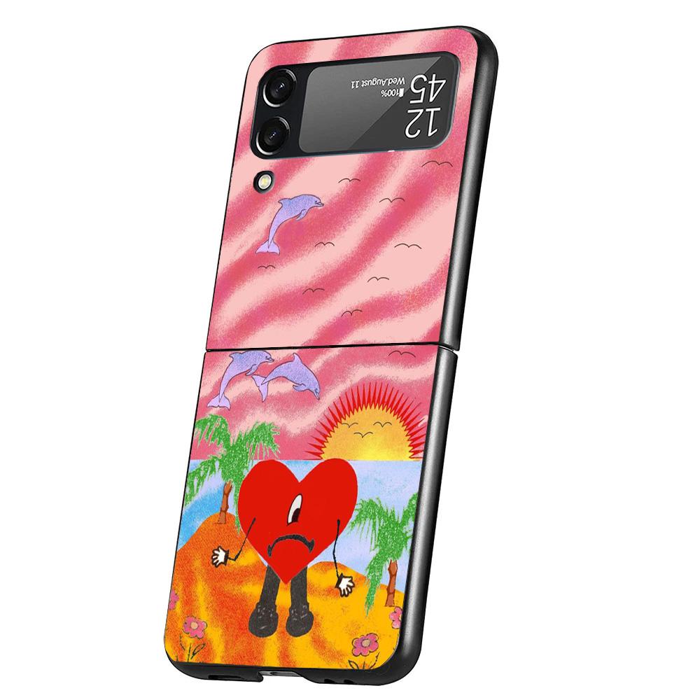 Bad Bunny Heart Case Phone Cover for Samsung Galaxy Z Flip 6 5 4 3 5G ZFlip6 ZFlip5 ZFlip4 ZFlip3 Black Hard Trend Fundas