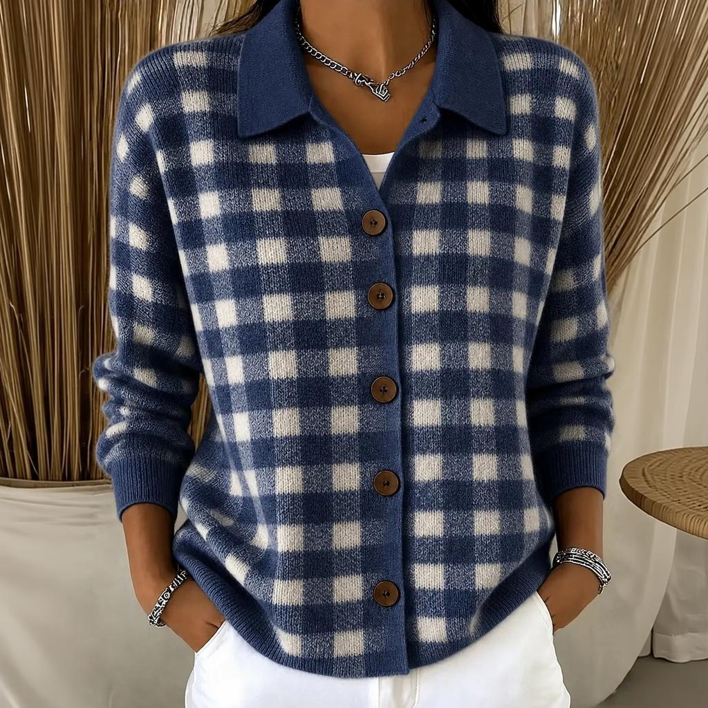 Women's Plaid Cardigan Long Sleeve Lapel Collar Loose Fit Knit Sweater for Fall Winter