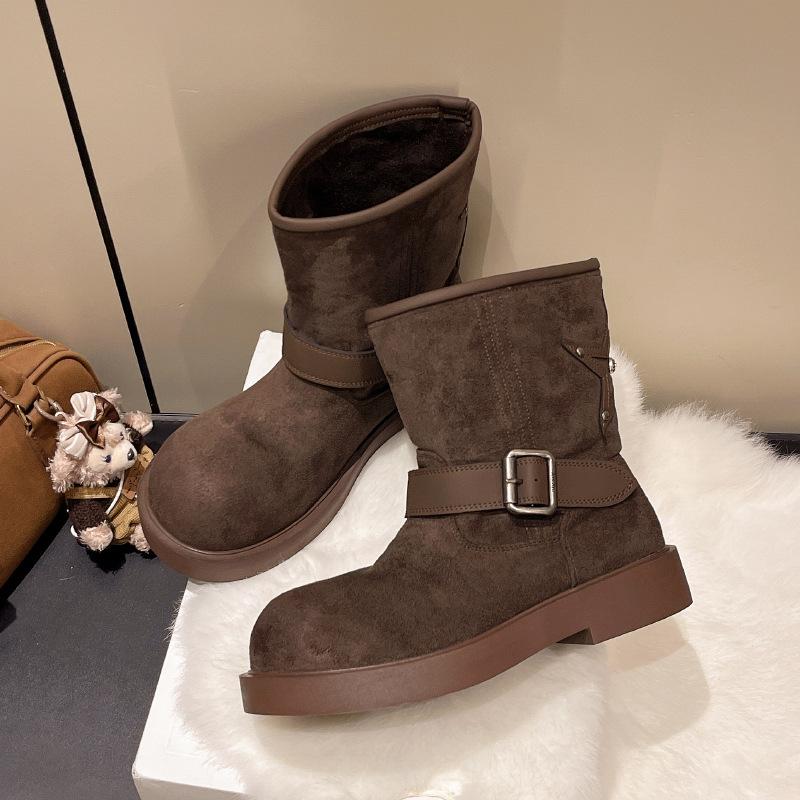 European and American foreign trade large size women's shoes 2025 autumn and winter new suede round head square heel medium tube low heel fashion boot