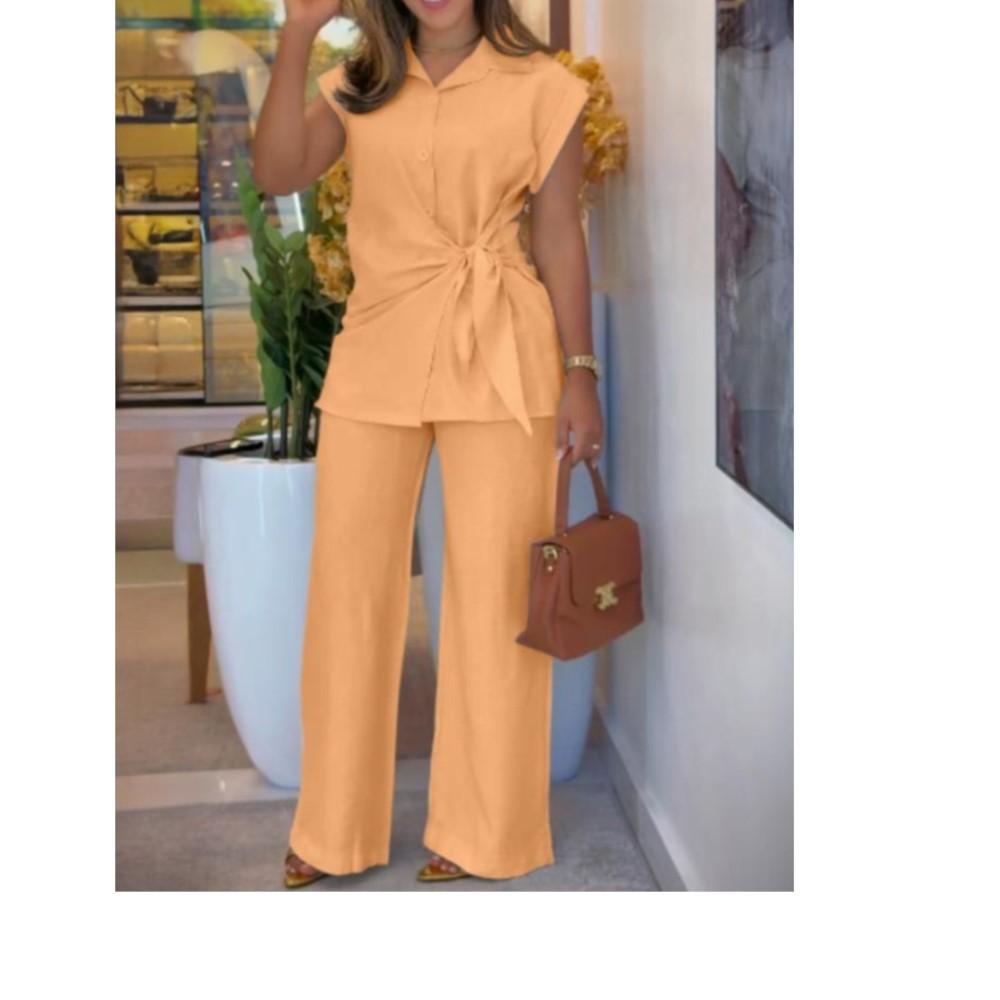 

Повседневная рубашка с лацканами и коротким рукавом, 2 шт., летняя мода, элегантный женский однобортный костюм с шнуровкой и широкими брюками, офисный костюм XS оранжевый