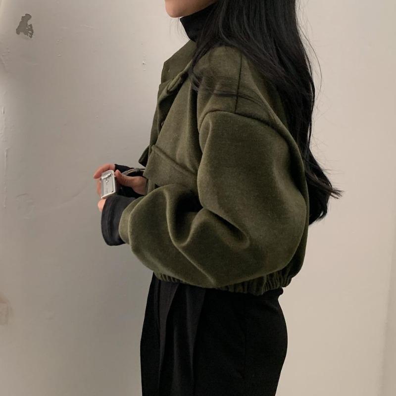 Autumn and Winter Fashion Stand-up Collar Women Short Coats Loose Casual Long Sleeve Office Shirt Ladies Elegant Simple Pockets Jackets Clothing