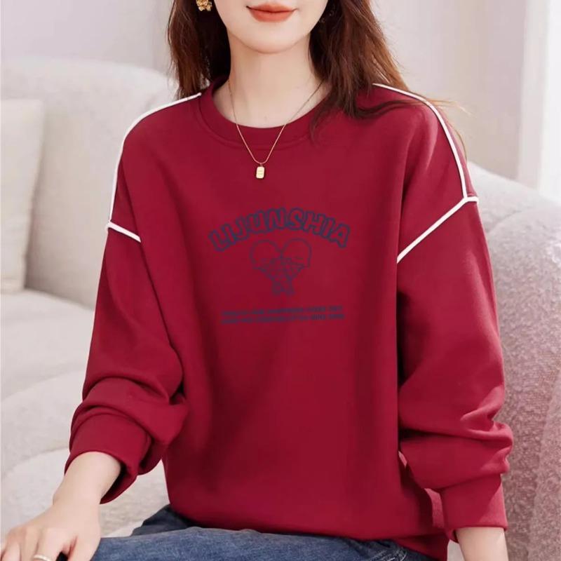 Fashion Women's Autumn and Winter New Style Loose Long-sleeved High Street Bottoming Pure Cotton Round Neck Sweatshirt Pullover