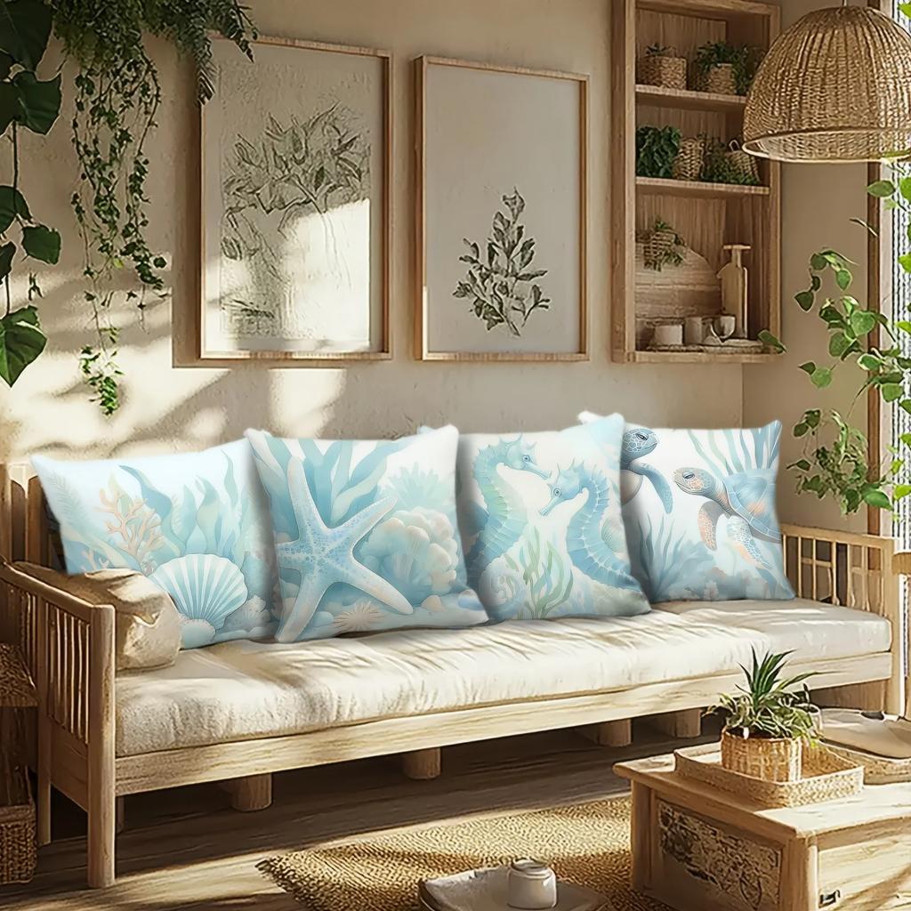 Dekoration für Zuhause Meereskreaturen: Seepferdchen, Seesterne & Schildkröten Muster Kissenbezug Geeignet für Sofa Schlafzimmer Auto Kissenbezug