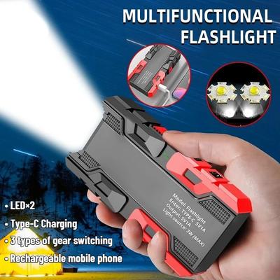 2 Core Strong Light Flashlight Outdoor Portable USB Rechargeable Multifunction LED Light Power Bank Waterproof Camping Hiking