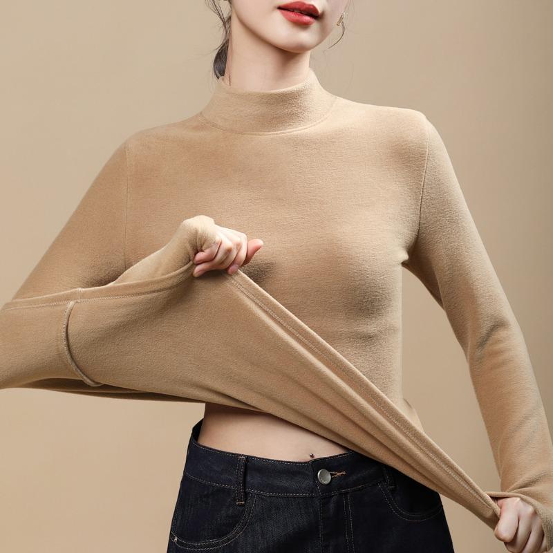 Double-sided German velvet bottoming shirt for women's winter velvet and thickened new large-size medium-neck autumn and winter thermal underwear