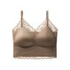 French Lace Satin Camisole Bra, Sexy Deep V Push Up Fixed Cup Bandeau Backless Integrated Lingerie for Women