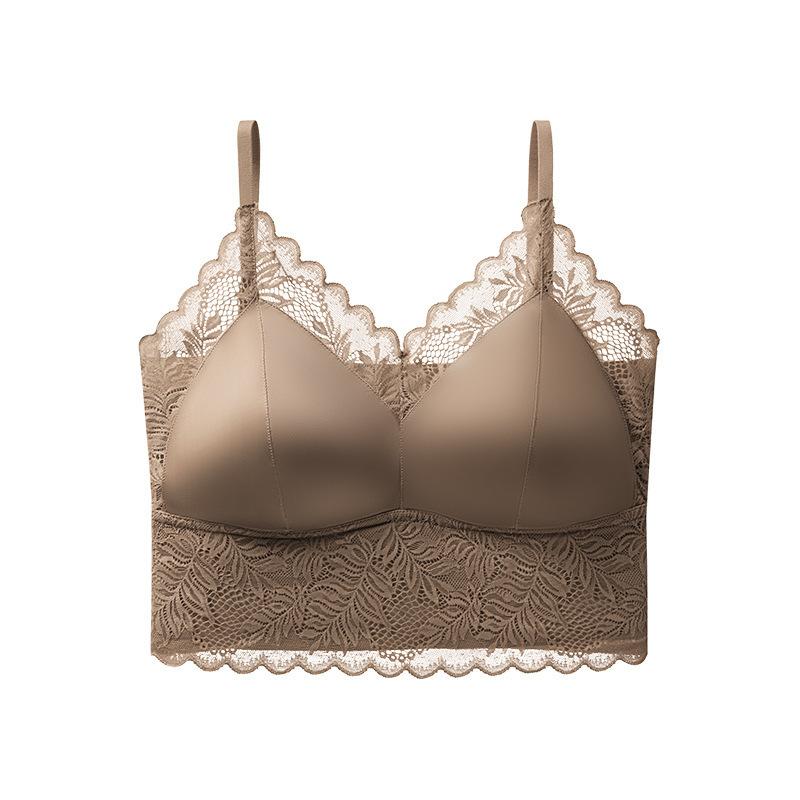 French Lace Satin Camisole Bra, Sexy Deep V Push Up Fixed Cup Bandeau Backless Integrated Lingerie for Women