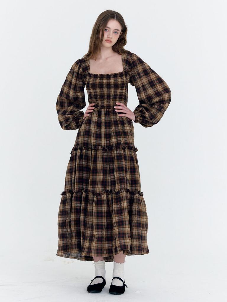 Fabric Seoul Check Smocking Frill Cancan Dress