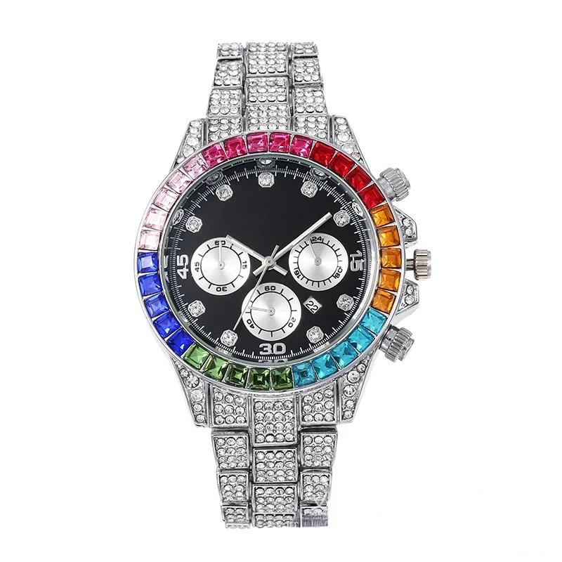 

Fashion Mens Sports Watches Stainless Steel Day Date Watch Men Luxury Colored Diamonds Calendar Quartz Wristwatch Hip Hop Clock