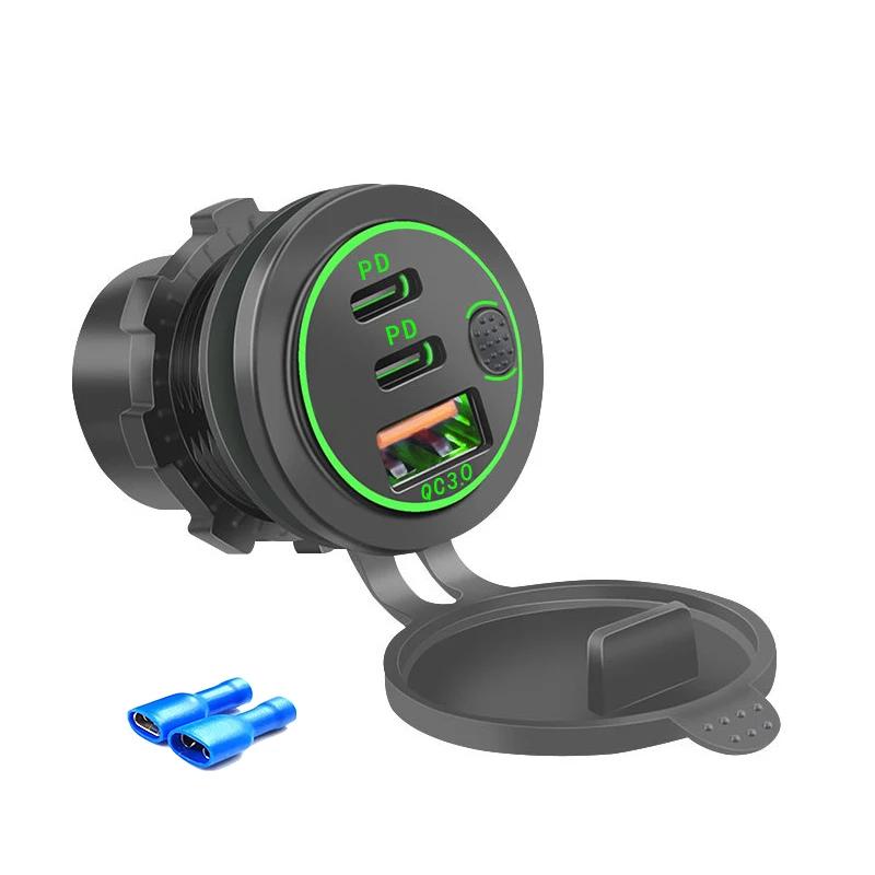 USB C Car Charger Socket 12V USB Outlet 58W RV USB Outlet Dual PD USB-C QC3.0 Car USB Port with Button Switch for Car RV Boat