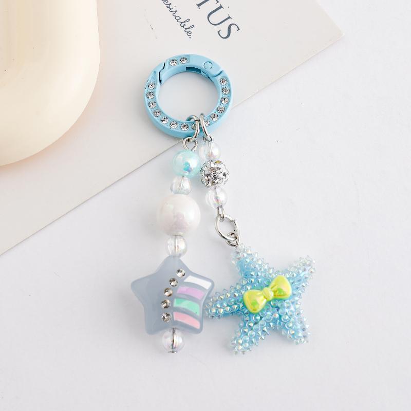 Starfish Beaded Keychain Imitation Pearl Acrylic Pentagram Keyring Girls Earphone Case Phone Decor Ornaments