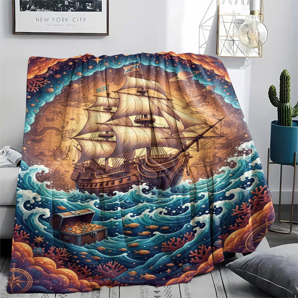 Colorful Starry Sky Sailing Print Flannel Blanket,High quality Comfortable for All Seasons,Home Decor,Warmth and Comfort,Perfect for Christmas Gifts