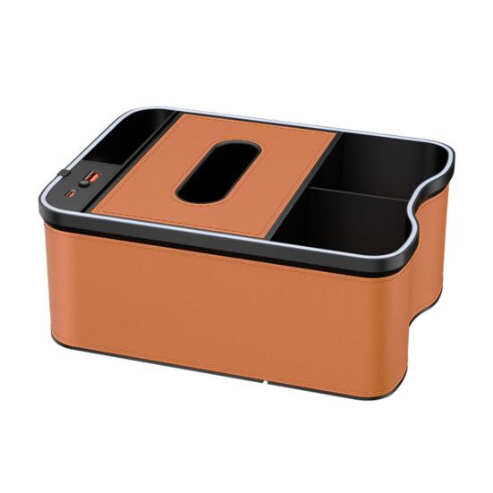 Scatola portaoggetti per bracciolo auto con porte di ricarica, luci LED multi-modalità, design ad alta capacità, organizer per console auto, custodia porta fazzoletti