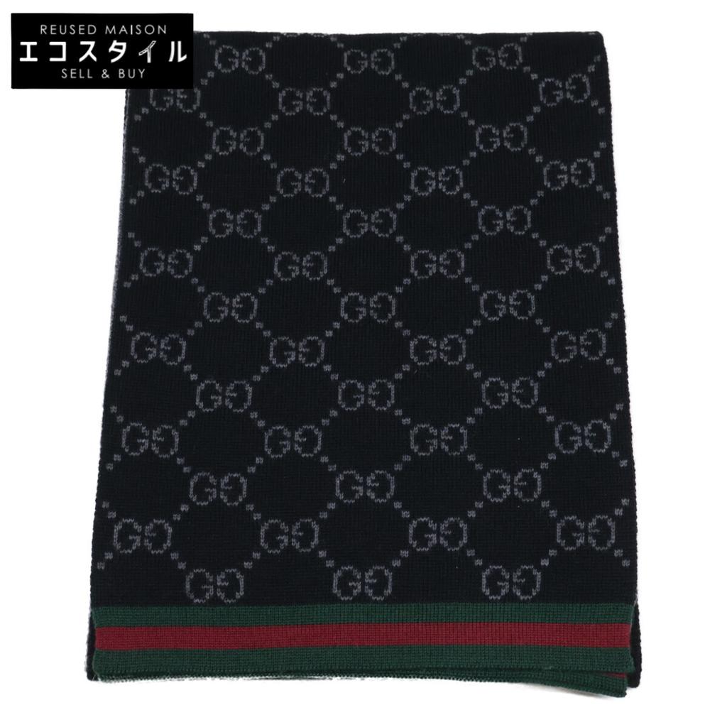 GUCCI GG logo Sherry line knit Scarf Black GreyUsed