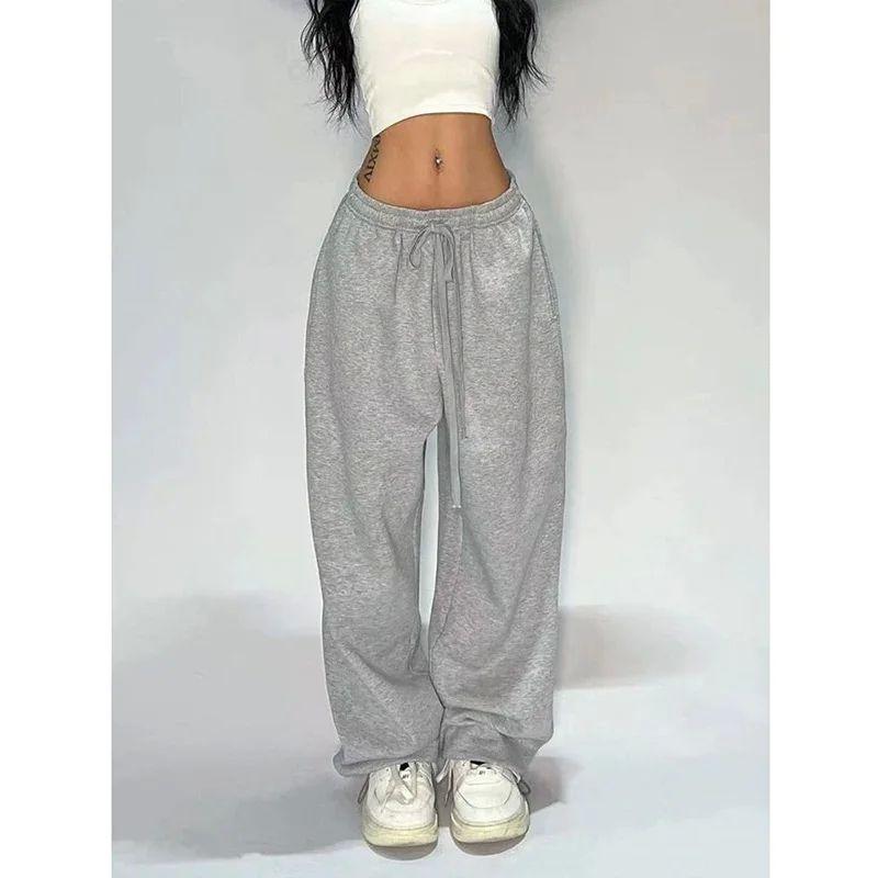 

Easiest for Match Fashion Slack Pure Color Loose Mid Waist Drawstring Lace Leisure Tappered Sports Wide Legs Mop Long Sports Pants Female Grey L