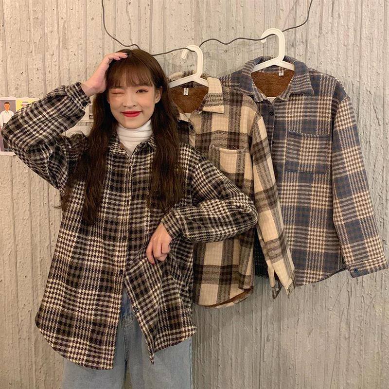 WTEMPO Autumn Winter Thickened Plush Plaid Shirts Women's Vintage Chic Loose Casual Warm Shirt Coats with Buttons