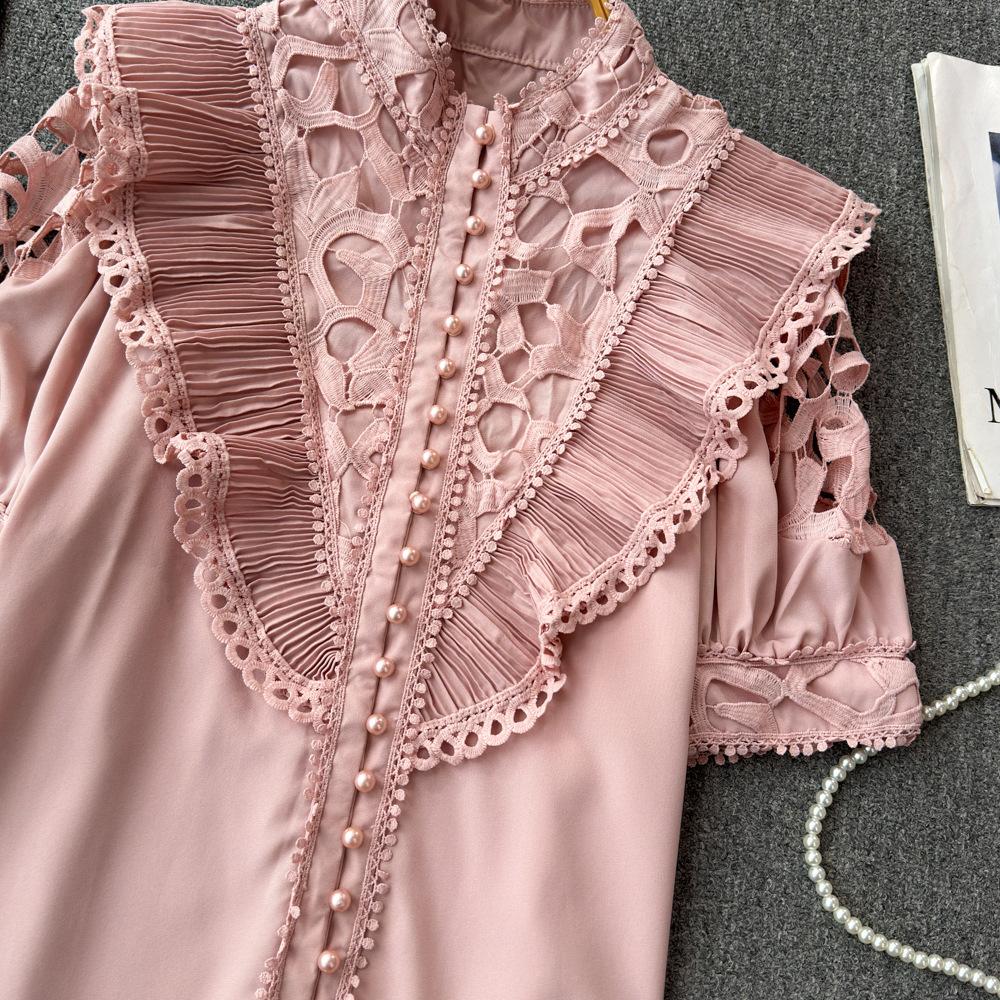 Women's Stand-up Collar Spring Embroidery Shirt Hollow Ruffled Lace Shirt Short-sleeved Solid Colour Ageing Splicing Shirt