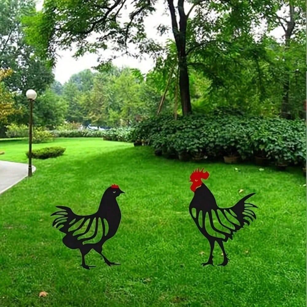 1 Piece Metal Rooster and Hen Garden Stakes Outdoor Iron Art Yard Decor Lawn Ornament Rustic Farmhouse Poultry Statue