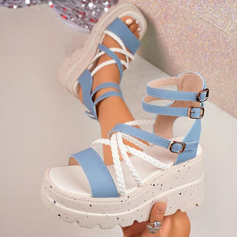 Fashion Cross Band Chunky Platform Sandals Women 2025 Summer Thick Sole Wedges Rome Sandles Woman Super High Heel Gladiator Sandalias 43