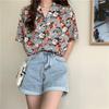 Summer Floral Shirt for Female Retro Hong Kong Style Short Sleeved Blouses Loose College Style Suit Collar Casual Blouse