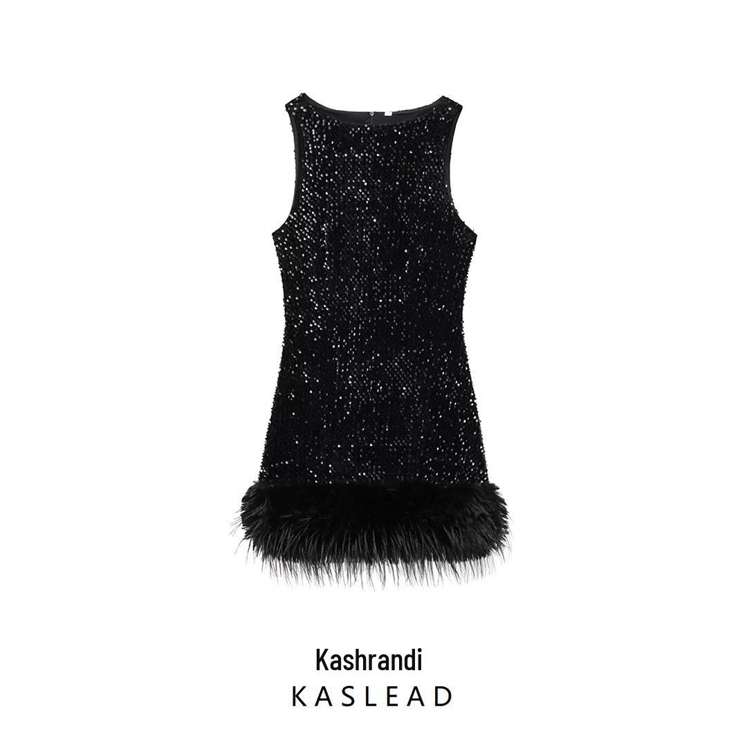 

Spring 2025 Women s Sequin & Feather Embellished Dress – European & American Fashion Style Medium чорний