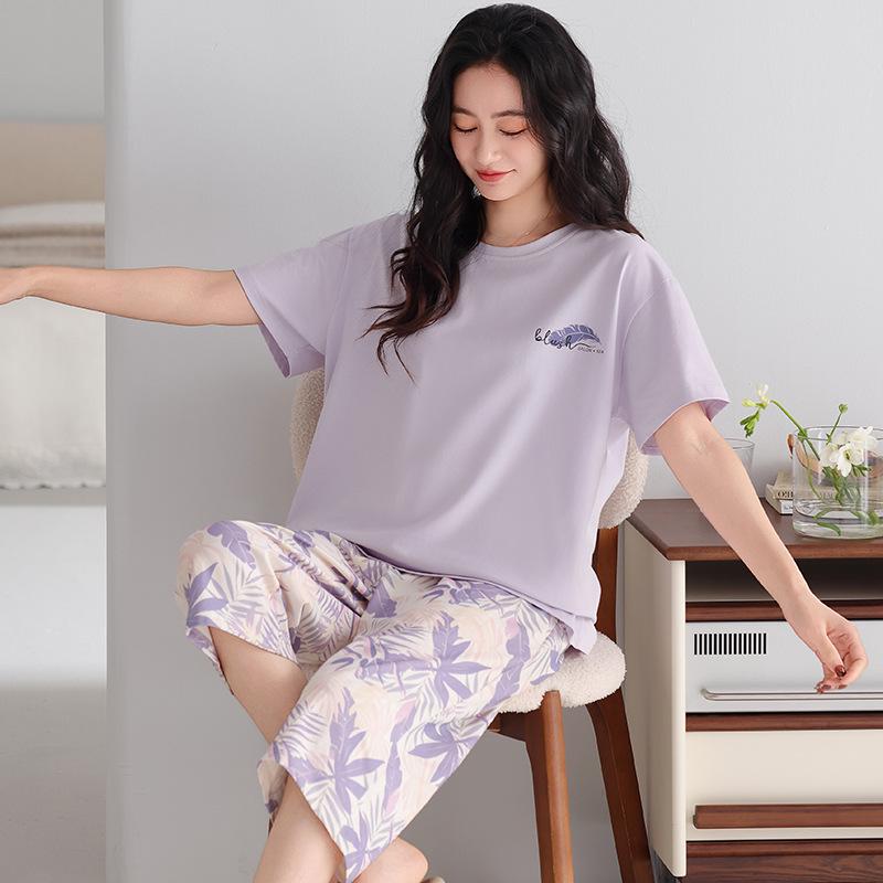 Women's Summer Pajama Set: Thin Modal Cotton Silk, Short Sleeve, Seven-Point Pants, Casual Wear.