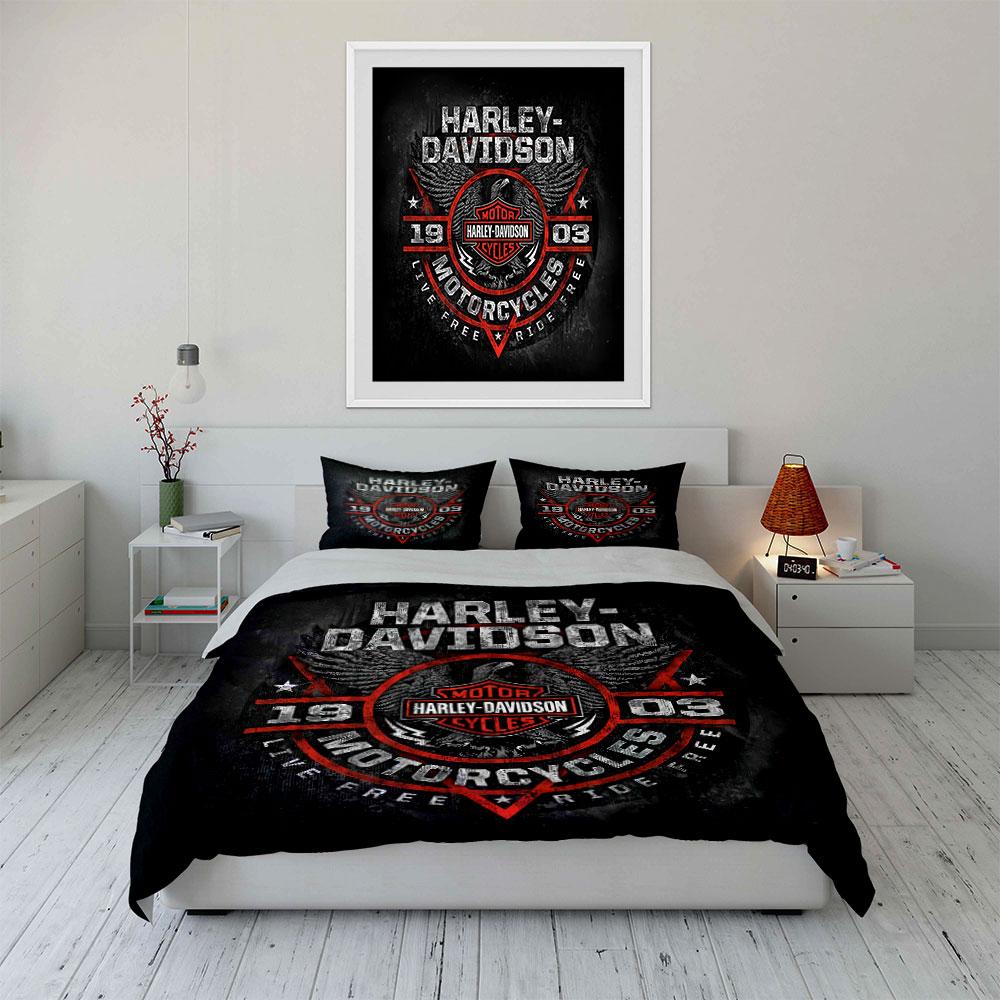Harley-Davidson Logo Graphic Bedding Duvet Cover Set Duvet Cover Pillowcases  (1*Duvet Cover 2*Pillowcases, Without Duvet Insert)